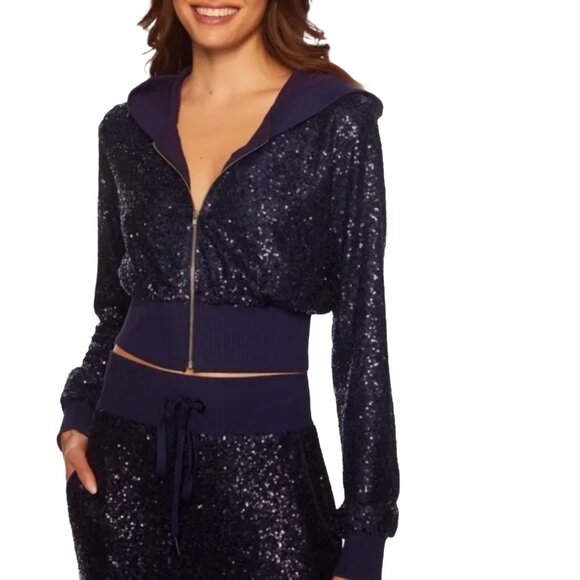 NWT Susana Monaco Size Small Black Sequin Cropped Zip Hoodie Sweatshirt Revolve - Picture 1 of 11